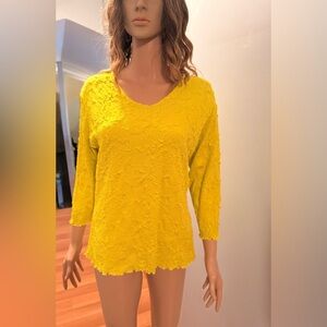 Haystacks Yellow Textured Knit Tunic Top Made In USA V Neck 3/4 Sleeve Sz Large